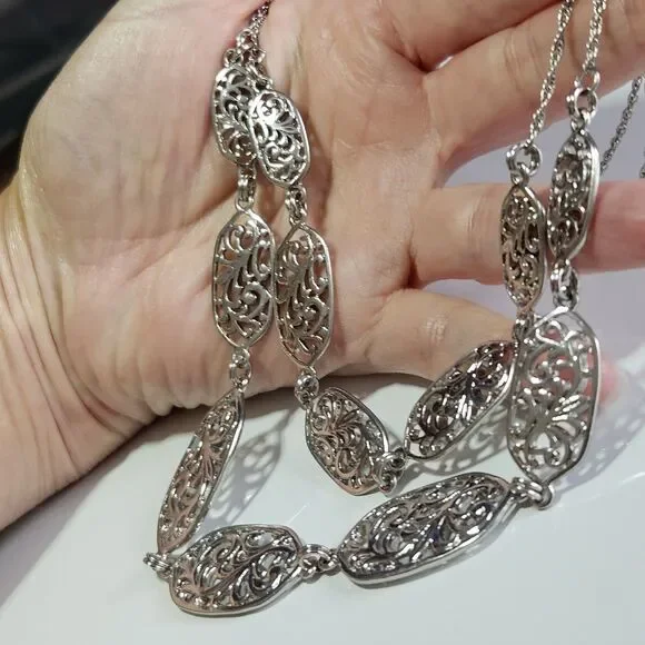 Silver Tone Layered Filigree Chain Necklace 20-23" - Picture 2 of 14